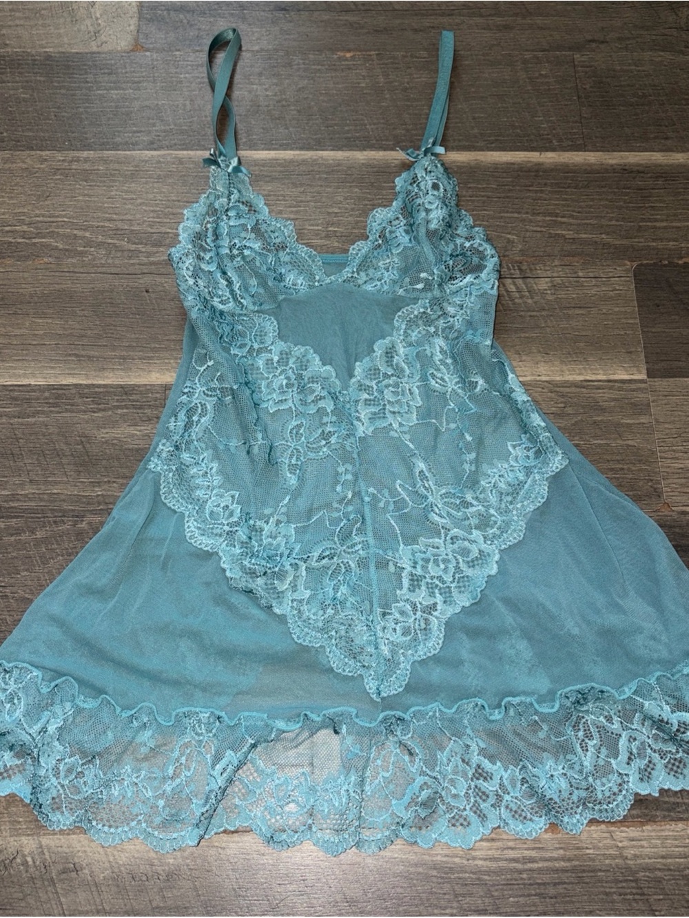 Y2K Teal Babydoll Lace Slip Dress Real Lingerie Size Small